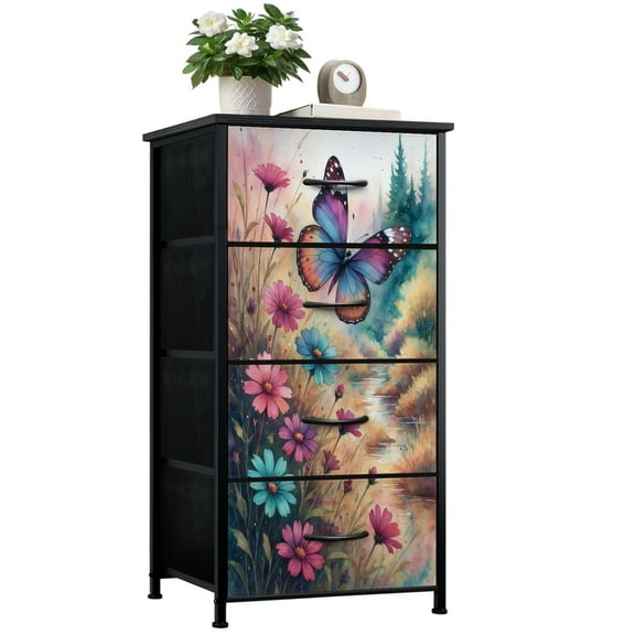 Dresser for Bedroom with 4 Storage Drawers Vibrant Butterfly Wildflowers by Forest Stream Dressers Chest of Drawers Steel Framed Fabric Closet Organizers for Entryway