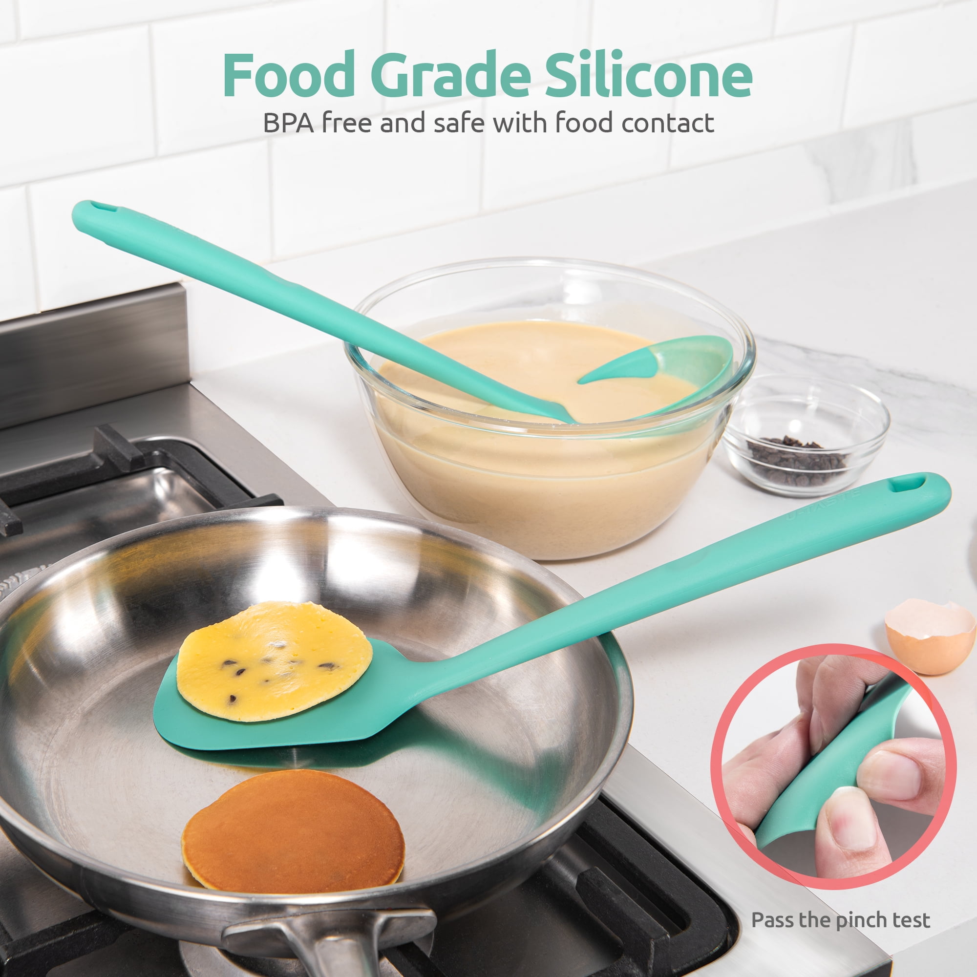 Silicone Kitchen Cooking Utensil Set: U-Taste 446°F Heat Resistant 13.6in Long Kitchen Gadget, BPA Free Non Stick Rubber Cook Accessories For Stir Fry, Serving, Basting, Mixing (5 Pieces, Aqua Sky)