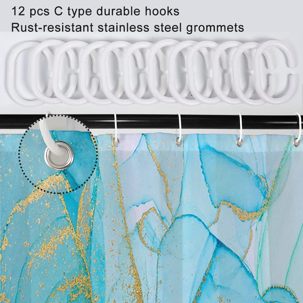 Marble Shower Curtain, Abstract Modern Teal and Gold Marble Shower Curtain Set for Bathroom Ink Texture Waterproof Polyester Fabric Bathroom Decor with Hooks, 72x84 Inch