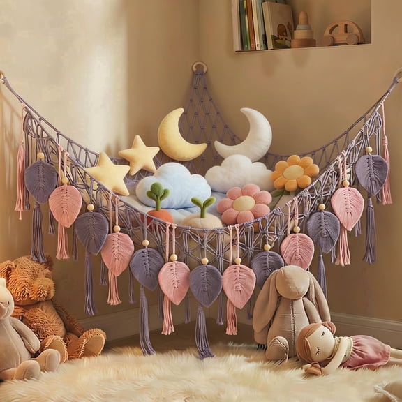 NUAHRHY Stuffed Animal Hammock Corner, Pretty Jolly Stuffed Animal Storage with Hand Woven Leaf Tassels, Hanging Net Boho Macrame Plush Storage for Toy Kid Room Wall Nursery Decor