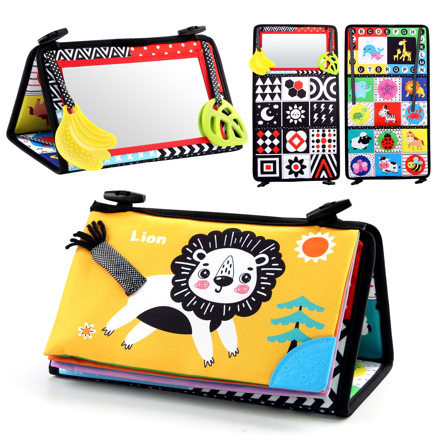 Baby Mirror Toys with Cloth Book Teether Baby Tummy Time Toys