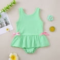 thumbnail image 6 of LIIPEE Girls One-Piece Swimsuits Casual Summer Striped Sleeveless Crew Neck Bow High Elasticity Swimwear With Ruffle Hem Baby Toddler Fashion Bathing Suit Comfortable Cute Beachwear,Green,2-3 Years, 6 of 7