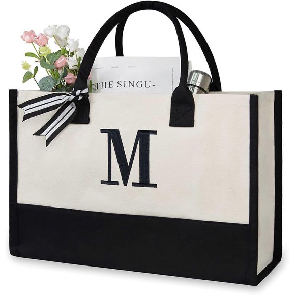 Personalized Initial Canvas Beach Bag, Monogrammed Gift Tote Bag for Women,Letter M