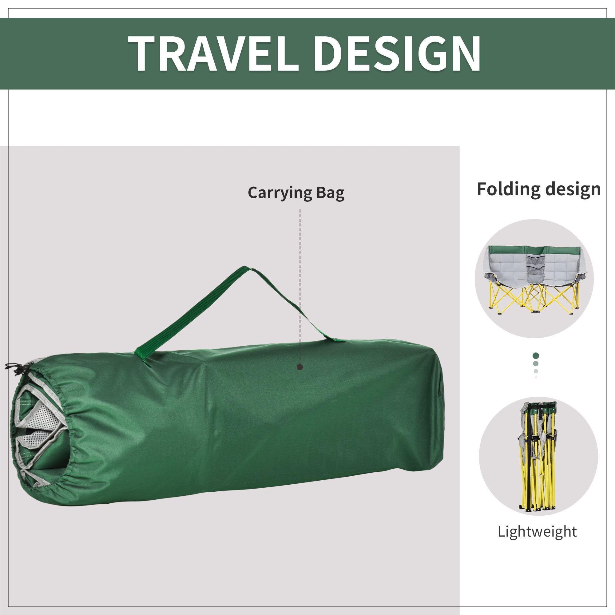 Loveseat Camping Chair, Oversized Folding Lawn Chair with Carry Bag & Cup Holders, for Outdoor, Beach, Picnic, Hiking, Travel, Green & Gray