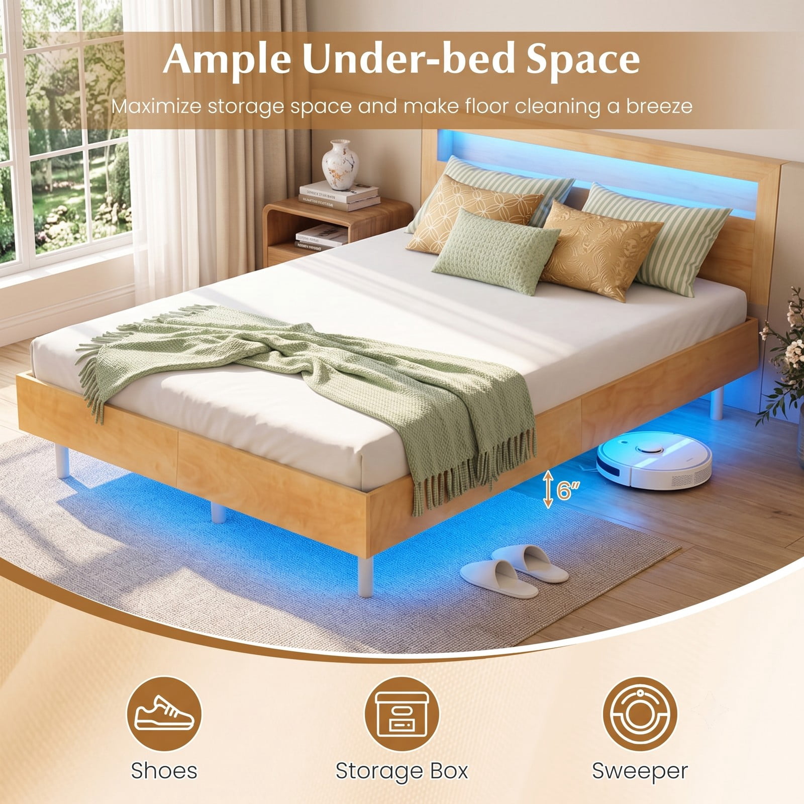 Furnibear Queen Size Bed Frame Floating Wood Platform Bed with RGB LED Lights and Remote Control for Bedroom, Natural