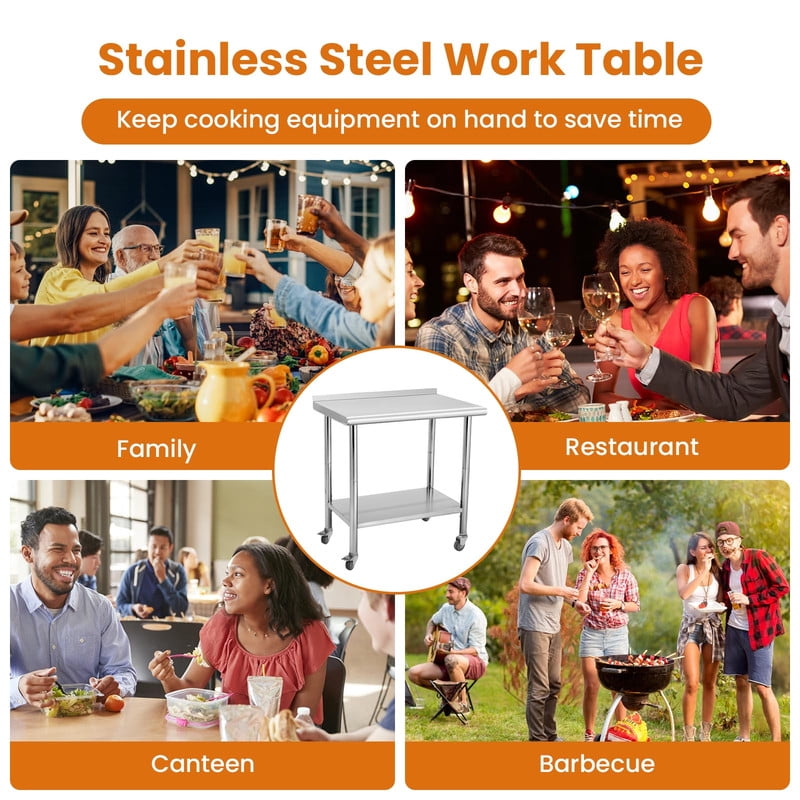 Towallmark Stainless Steel Table, 30x24 Inch Metal Prep Table With Wheels & Adjustable Undershelf, Commercial Work Table With Backsplash For Kitchen Restaurant Home Garage, Heavy Duty