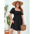 thumbnail image 4 of Plus Size Women Casual Dress Square Neck Puff Sleeve Smocked Waist Flowy Short Dress for Vacation Black L, 4 of 9