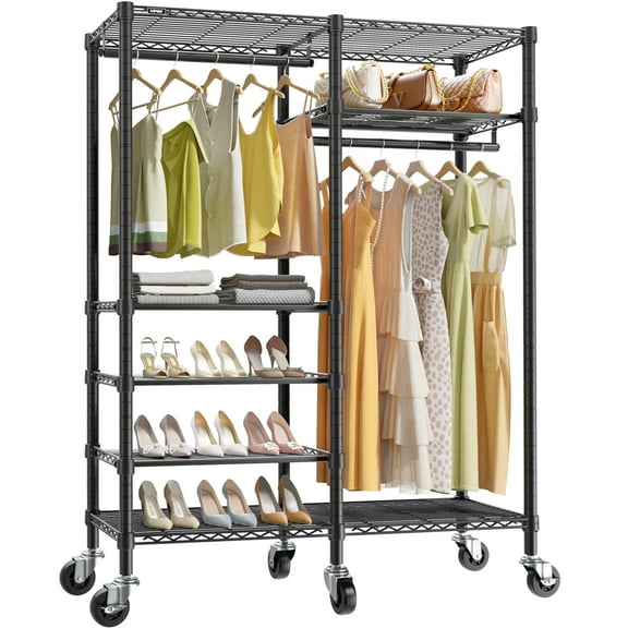VIPEK R4 Rolling Garment Rack 6 Tiers with Double Rods and Lockable Wheels, Metal, Black
