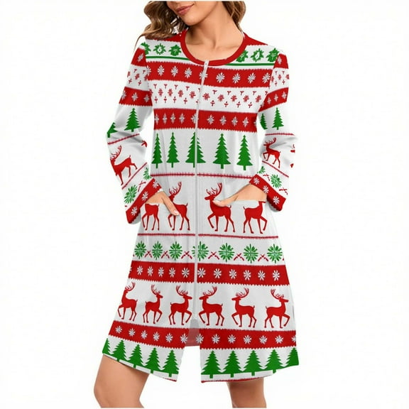 Christmas Zip Robe for Women Long Sleeve Plaid Snowflake Print Fleece Sleepwear Warm Winter Nightgown Loungewear