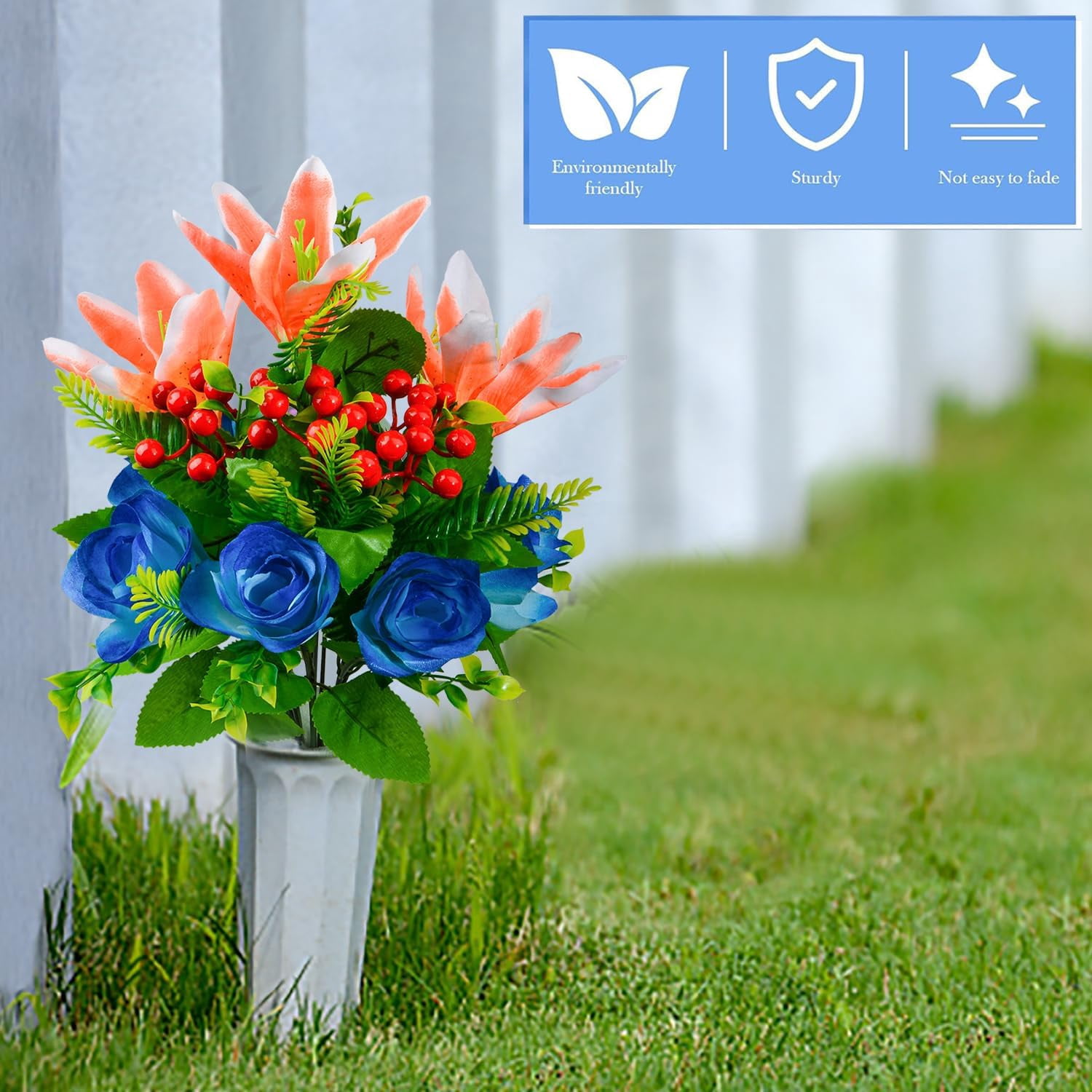 Artificial Cemetery Flowers for Grave, Set of 2 Artificial Memorial Flowers with Vase for Outdoor Cemetery Headstones Graveyard Gravestone Decoration (Red Lily&White Purple Peony)