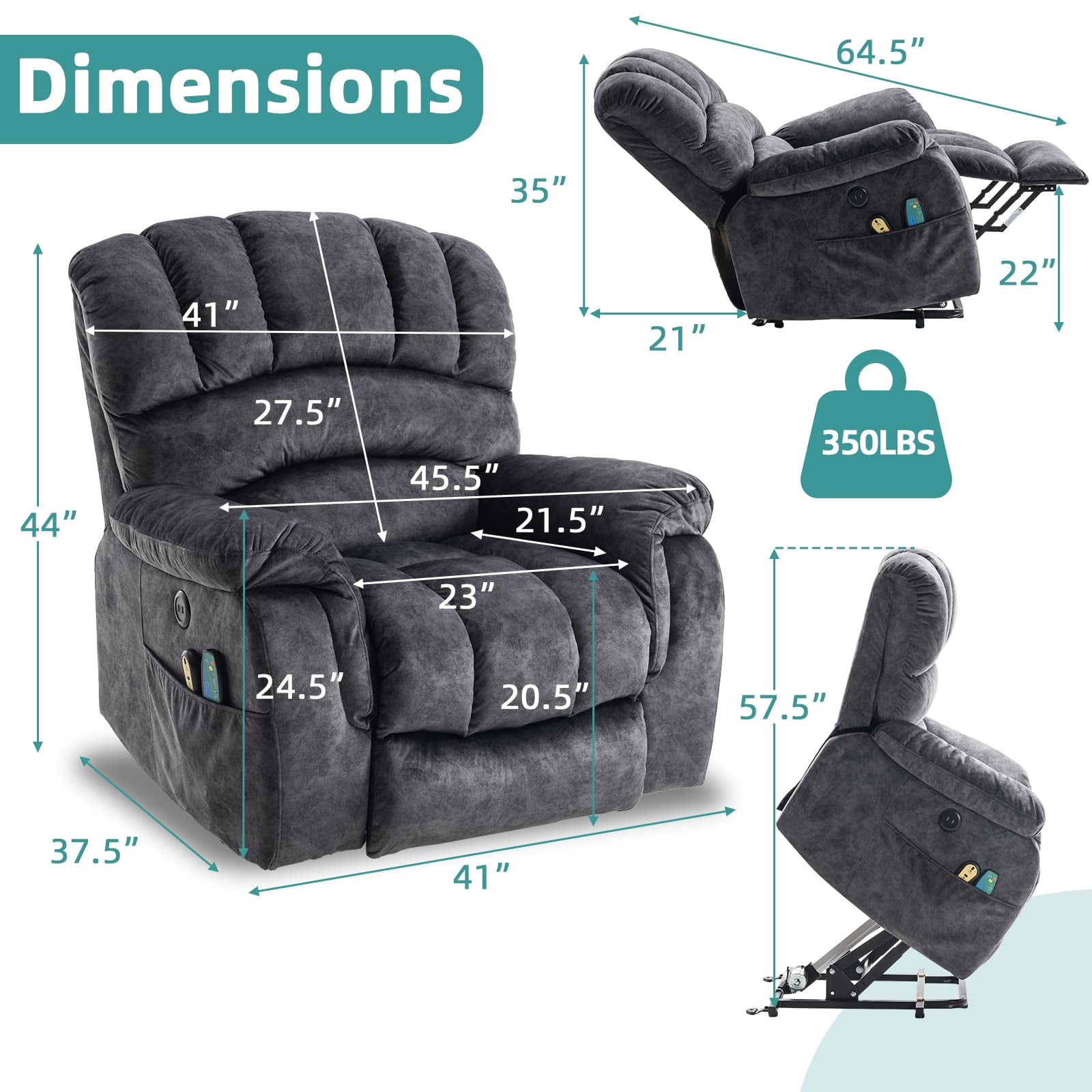 MEETWARM Large Power Lift Electric Recliner Chair with Massage and Heat, Overstuffed Wide Recliner for Elderly Big People, Plush Fabric Recliners with 2 Remote Controls, USB Ports, Side Pockets（Gray）