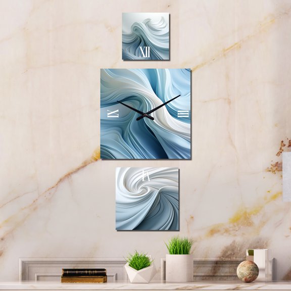 Designart "Spiraling Zen Zephyr in White and Blue" Abstract Spirals Oversized Wall Clock - Set Of 3 - Multipanel Clock For Living Room Décor - Large Contemporary Wall Clock