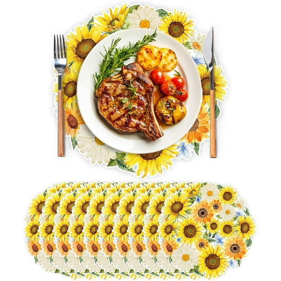 shiyou-50 Sheets Sunflower Paper Placemats Watercolor Yellow Flower Summer Disposable Table Mats Floral Place Mats for Spring Party Supplies