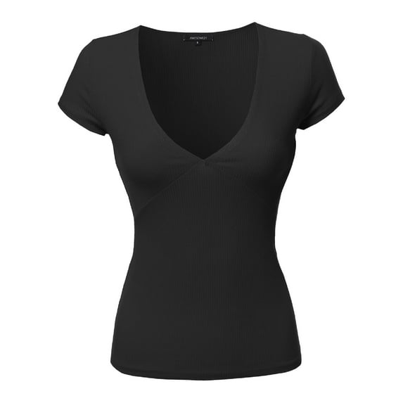 FashionOutfit Women's Short Sleeve Ribbed V-neck Plunge Top Various Colors