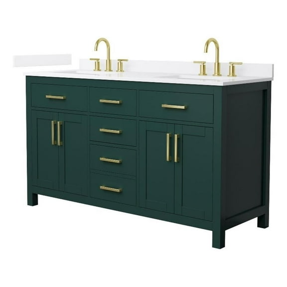 Beckett 60" Green Double Vanity & White Quartz Top (3-Hole) & Gold Trim