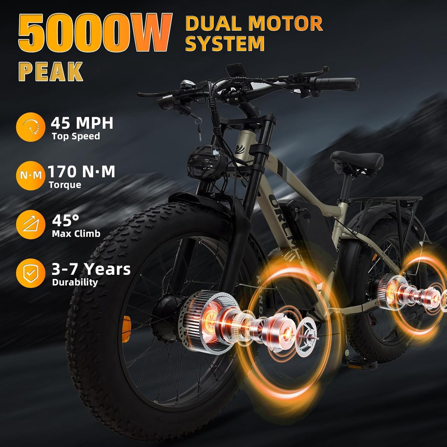 Electric Fat Tire Bike for Adults, 5000W Peak 52V 25AH Dual Motor Ebike for Adult, 40-50MPH E-Bicycle, 24" Fat Tire All Terrain, Front Suspension & Hydraulic Disc Brake, 7-Speed Long Range