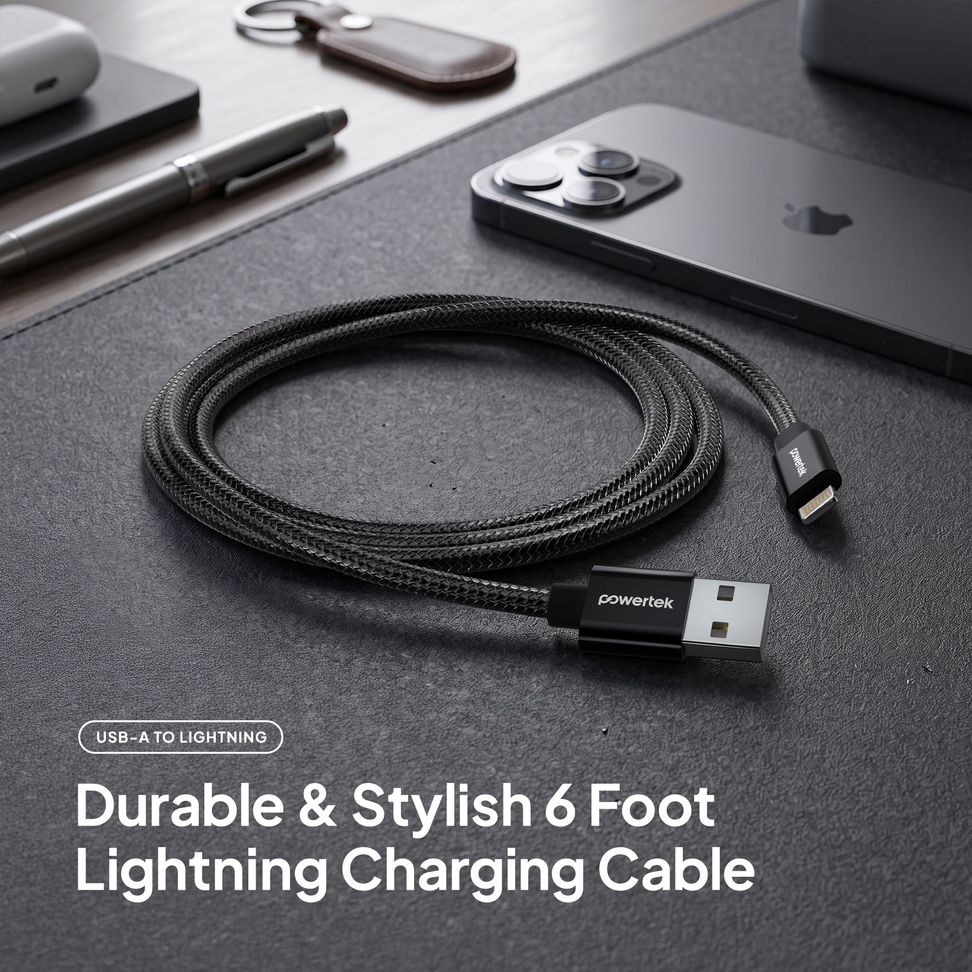 Powertek Luxe 6ft USB-A to Lightning Cable, Black, Fast Charge & Sync, Metallic Mesh PVC Jacket, Durable Tangle-Free Design