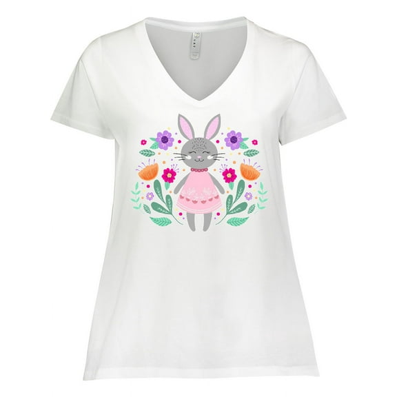 Inktastic Easter Scandinavian Bunny with Flowers Women's Plus Size V-Neck T-Shirt