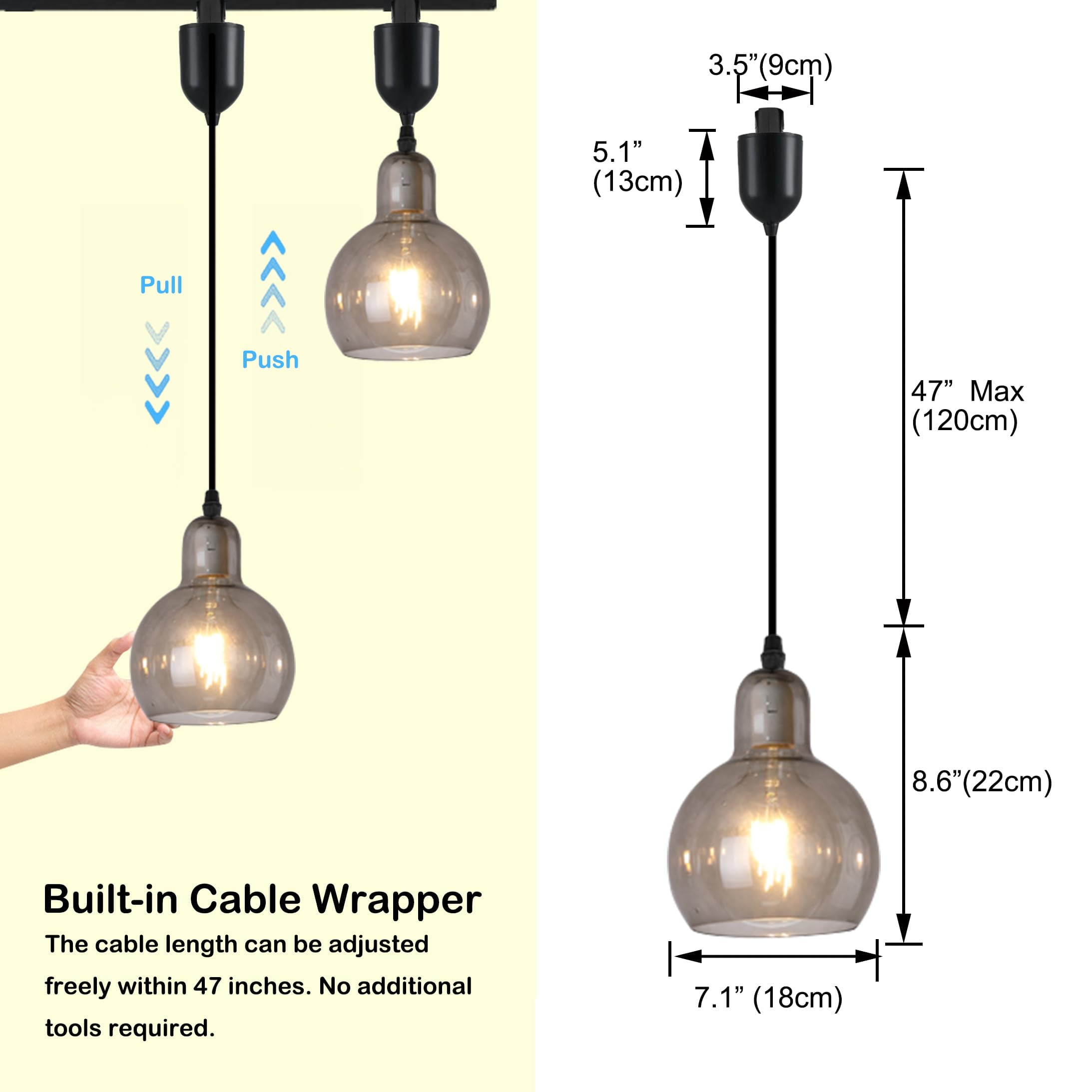 Kiven H-Type Track Lighting Light fixture, ModernHalo Track Pendant Light with Built-in Cable Wrapper and Grey Glass Globe, Adjustable Length for Bedroom Kitchen Home Lighting, 1-Light