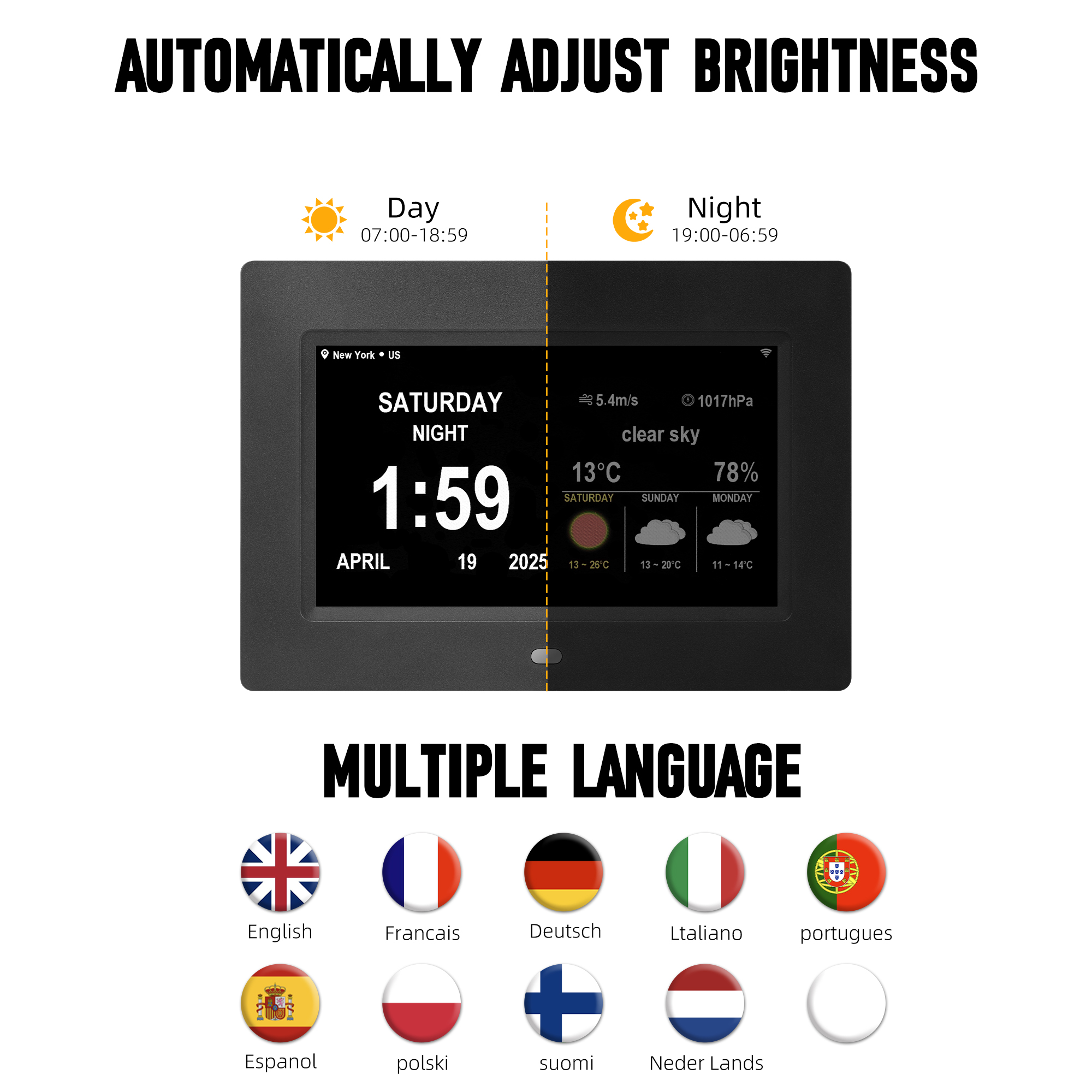 Memwake Multifunctional Large-Screen Digital Alarm Clock for 2026 World Cup,for Alzheimer's Patients with Date,Day of Week,Temperature and Humidity,Multiple Display Modes,7-inch WIFI Black