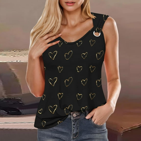 QUNYINEY Sleeveless Tank Tops Women V Neck Casual Camisole Love Heart Tops Vacation Loose Summer Tank Tops