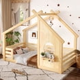 thumbnail image 3 of Jopath Twin Size House Floor Bed with Window and a Small Shelf, Solid Wood Floor Bed with House-shaped Roof for Boys Girls Natural, 3 of 9