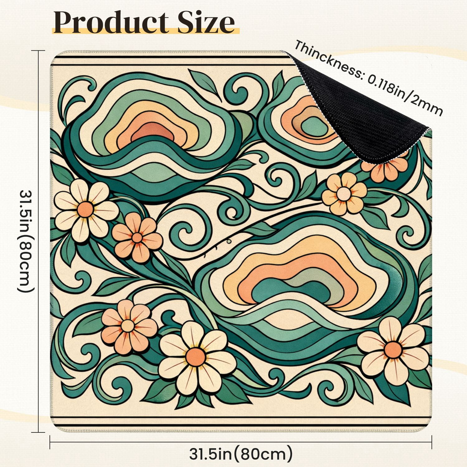Mahjong Mat 31.5" x 31.5" Abstract Floral Waves Soft Teal Peach Tones Whimsical Swirls Non-Slip Noise Reduction Mahjong Tiles Table Cover for Dominoes Poker Card Board and Tile Games