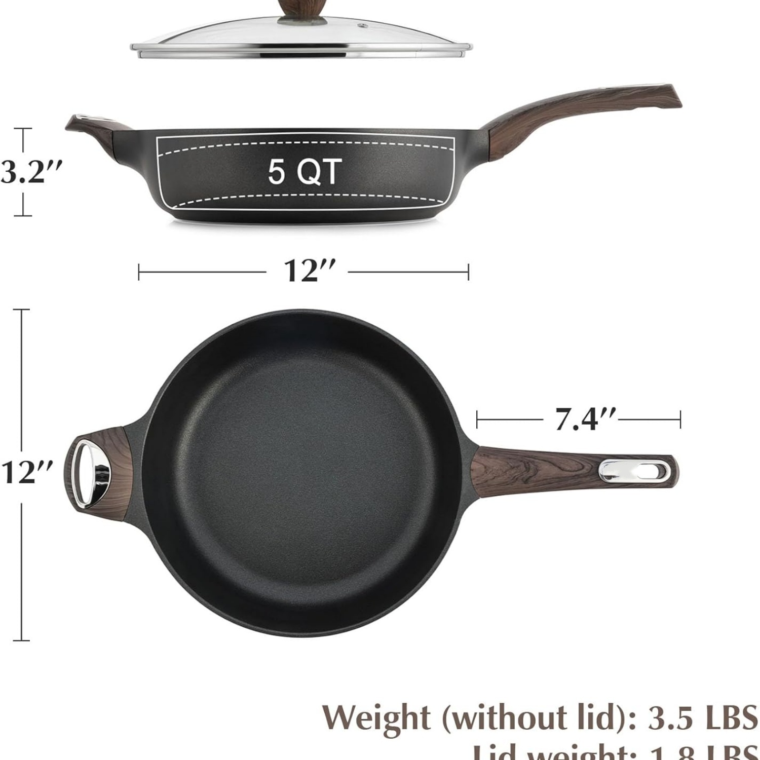 Nonstick Frying Pan Skillet with Lid, 12 Inch Large Deep Frying Pan, 5 Qt Non Stick Saute Pan with Cover, Induction Pan, Healthy