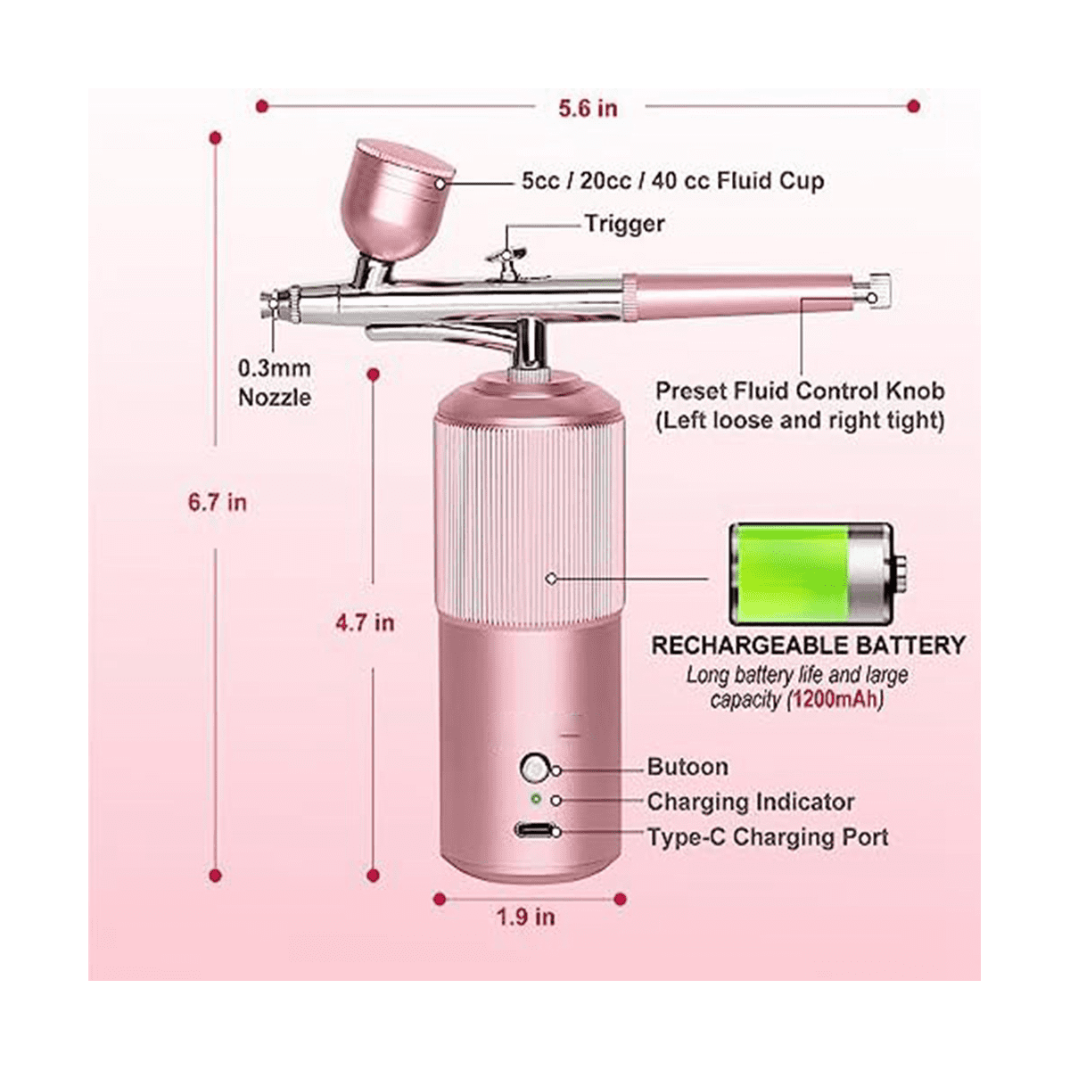 Airbrush Kit - Rechargeable Handheld Airbrush Compressor, Professional Cordless Auto Airb C595