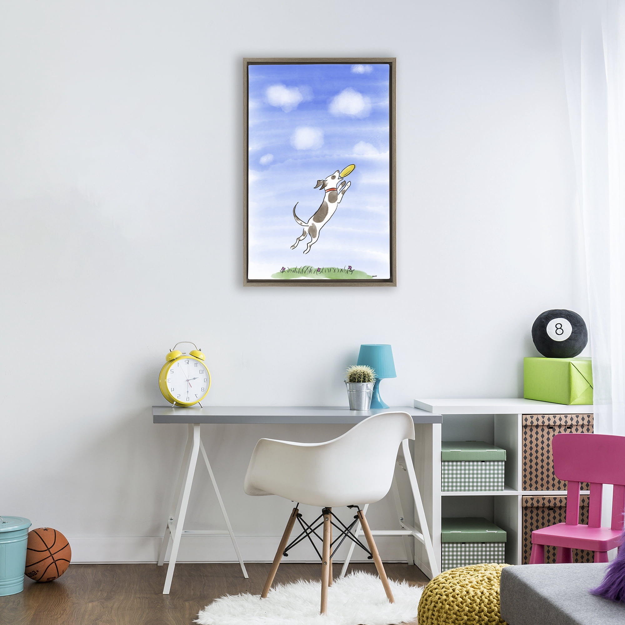 Stupell Industries Dog Catching Frisbee Brown Framed Floater Canvas Wall Art, design by Patti Mann