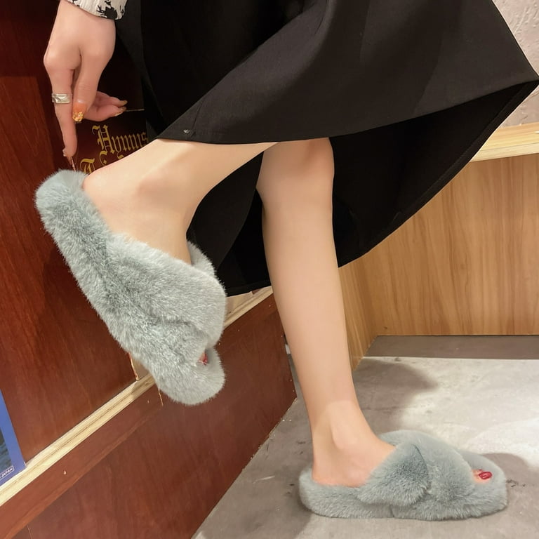 PIKADINGNIS Luxury Winter House Women Fur Slippers Fuzzy Cross Band Open  Toe Girls Shoes Non-slip Indoor Bedroom Ladies Fluffy Slippers