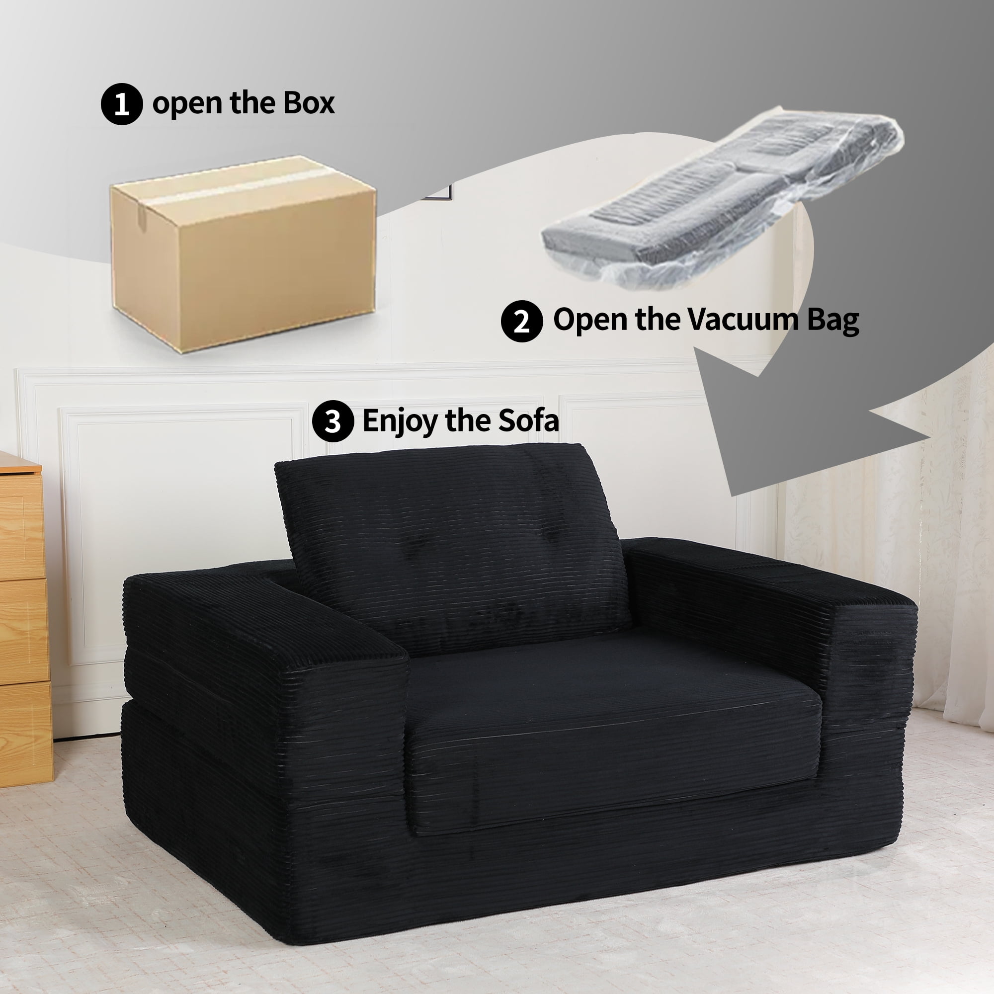 Leumius Single Sofa Bed with Pillow,Boneless Folding Sofa Bed for Living Room Bedroom,No Assembly Required,Black