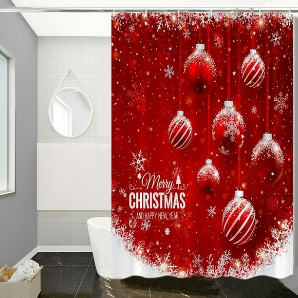 Cortina de ducha de Navidad roja - Decoración de baño de poliéster de 90cm x 180cm con ganchos • Divisor de habitación y cortina de residencia • Decoración impermeable para las fiestas