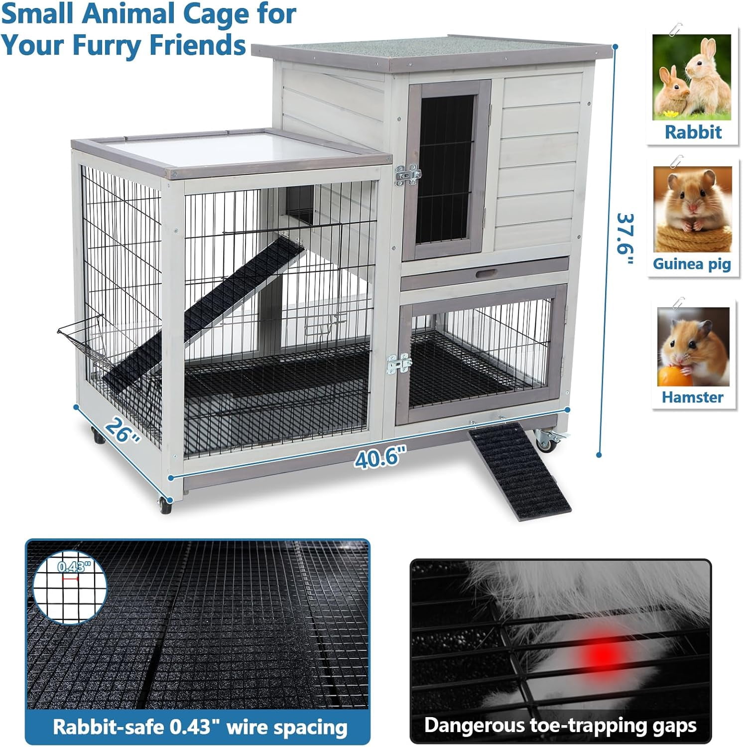 Rabbit Hutch Indoor Bunny Cage Outdoor with Urine Guards 2 Storey Mobile Guinea Pig Cage