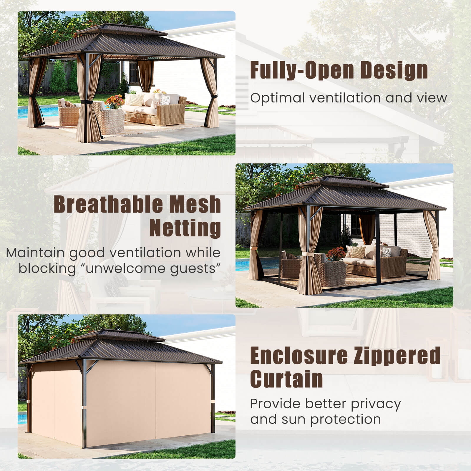 Costway 16 x 12 FT Hardtop Gazebo with Netting Heavy-Duty Double-Roof Galvanized Metal Top