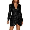 thumbnail image 2 of BLTIBY Women Sequin Evening Dress Hip Wrap V-Neck Ruched Waist Long Sleeve Glitter Cocktail Party Short Slim Formal Gown with Belt Black M, 2 of 8