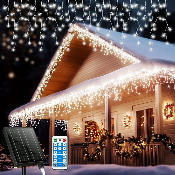 66Ft 600LED Solar Icicle Lights Decorations Connectable Christmas Fairy String Lights USB Rechargeable 8 Modes Timmer Remote Twinkle Lights For Xmas House Roof Party Wedding