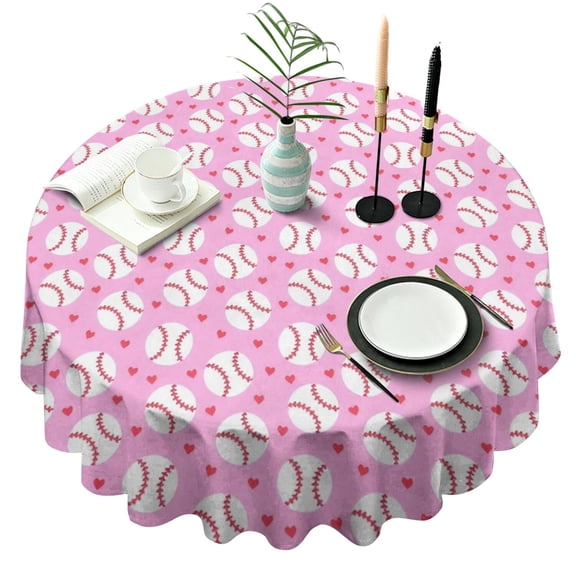 Pink Baseballs Pattern Round Tablecloth 60"x60",Wrinkle Wipeable Table Cloth for Kitchen Dining Room Picnic Patio Party