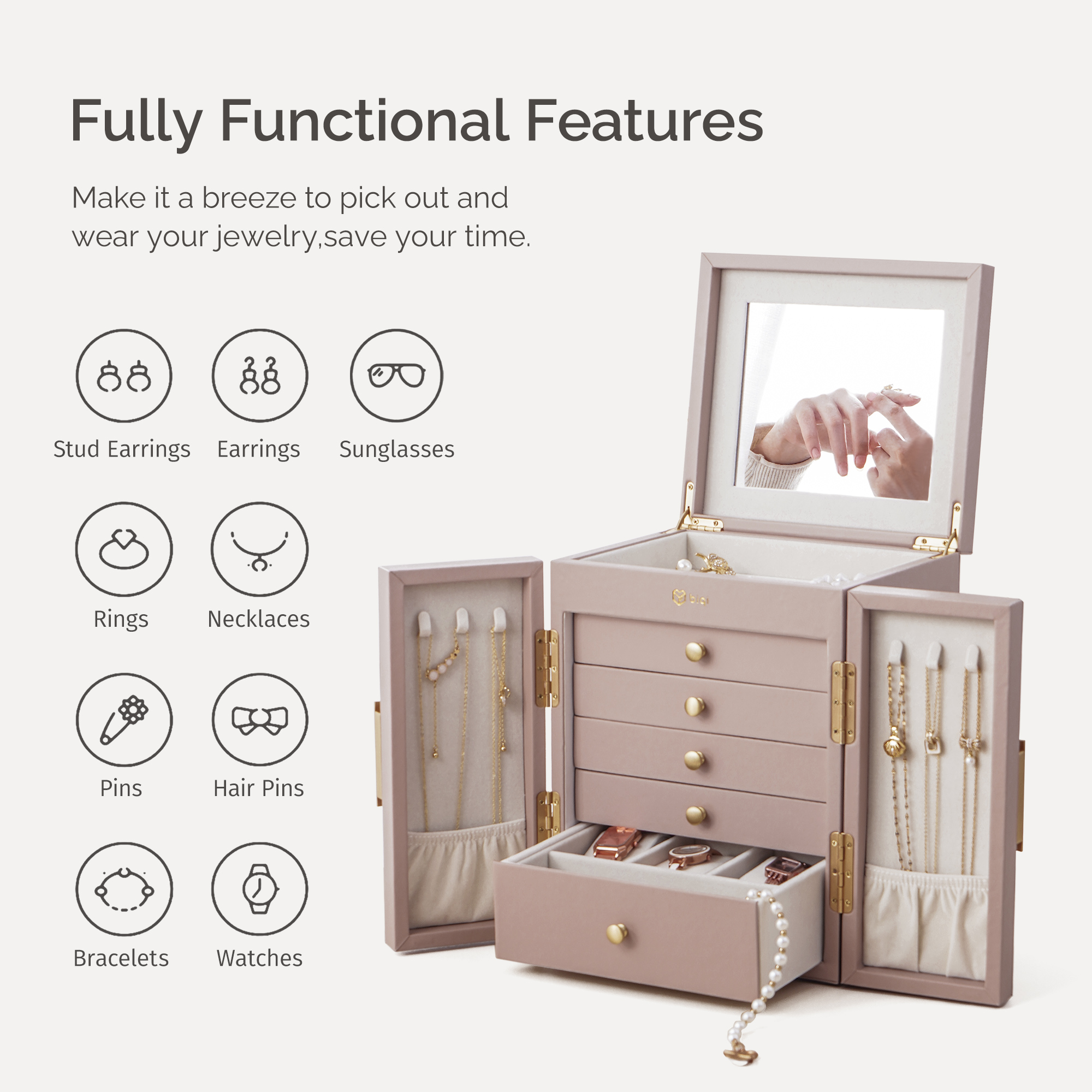 Casegrace 6-Tier Huge Jewelry Box for Women Girls with Mirror 5 Drawers Organizer Necklace Ring Earring Storage Opening Door Gift Case