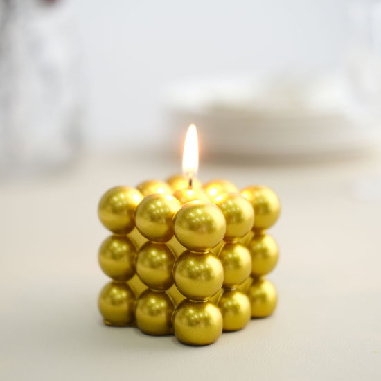 2 Metallic 2 Bubble Cube Flameless LED Candles Centerpieces - Gold