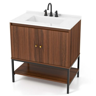 Costway 31" Bathroom Vanity Sink Combo Wooden Bathroom Storage Cabinet with Doors Walnut