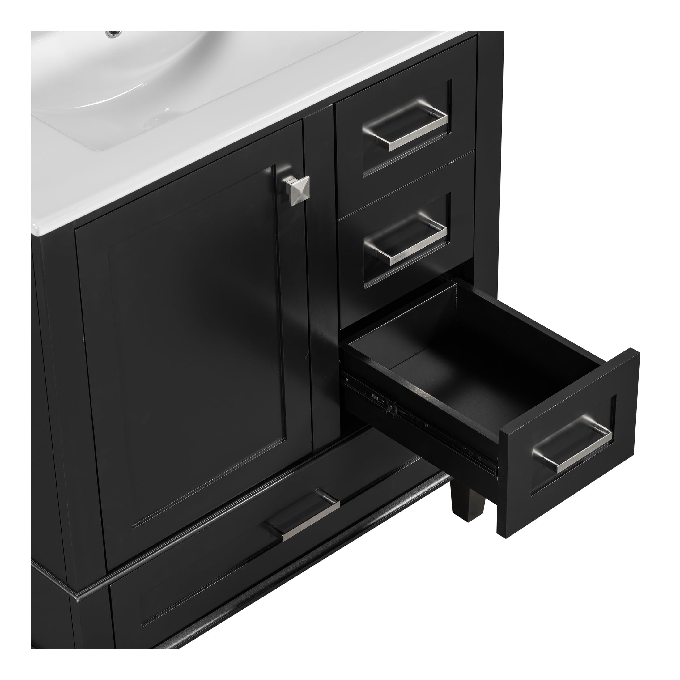 Nyveth Modern Bathroom Vanity with Ceramic Sink, Shelves, Drawers, Wood, Black