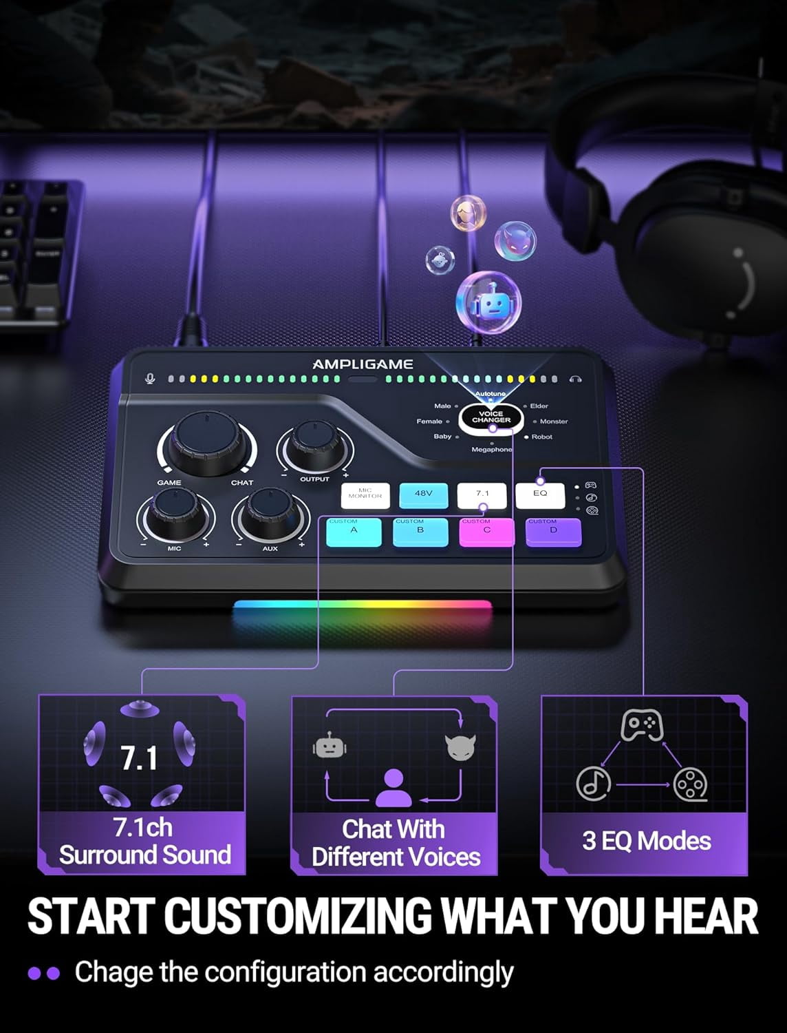 FIFINE WSC8 Gaming Audio Mixer for XLR Microphone, Game and Chat Mix Button with Software, 3 Channel Audio Interface for Volume Control, 48V Power