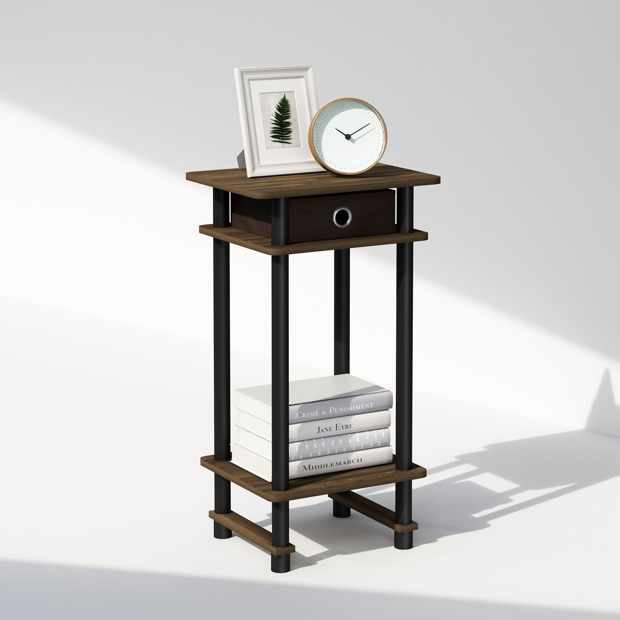 Furinno Turn-N-Tube Tall Nightstand with Bin, Columbia Walnut/Black/Dark Brown