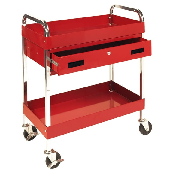 Performance Tool W54004 Two-Shelf Utility Cart with Locking Drawer, Swivel Casters, Red