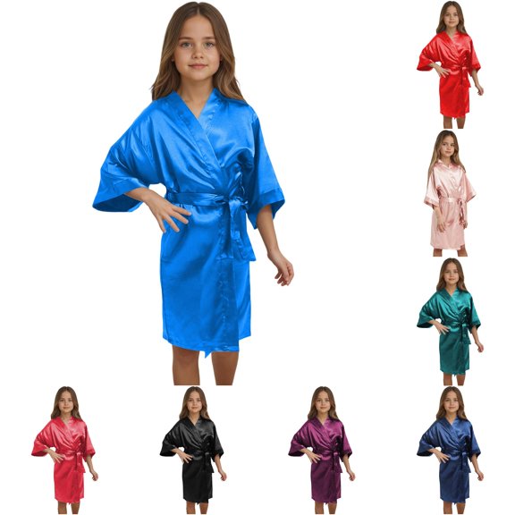 Teen Kids Kids Girls Bath Robe Outfits Soft Silky Solid with Belt 3/4 Sleeve Cozy Homewear Bathrobe Sleepwear 11-12 Years