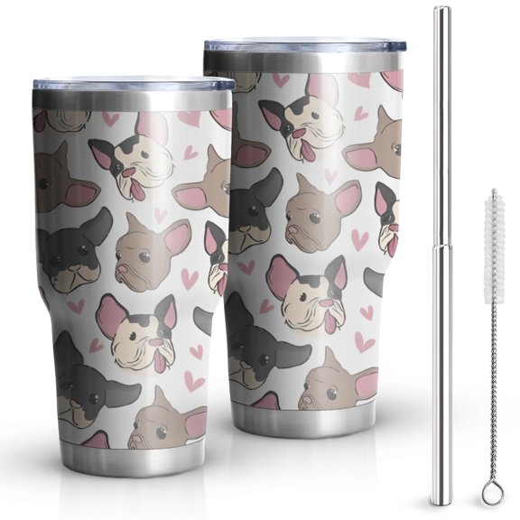 30oz Bulldog Dog and Love Heart Tumblers Stainless Steel Tumbler with Lid and Straw,Vacuum Insulated Double Wall Travel Tumbler Cups Mug with Cleaning Brush for Coffee,Tea