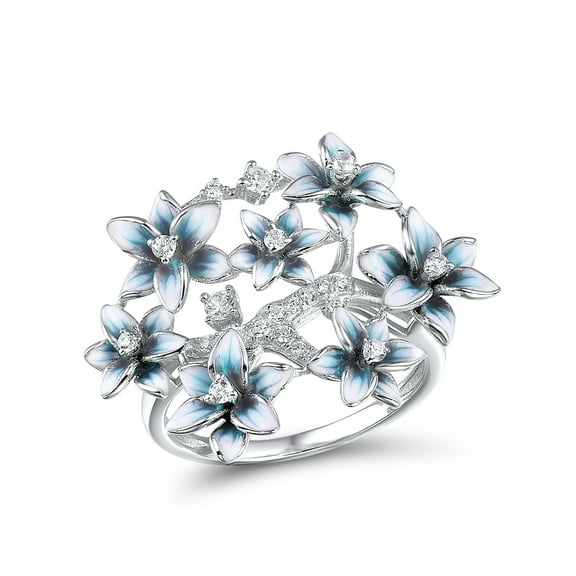Santuzza 925 Sterling Silver Orchid Ring Cubic Zirconia Handmade Enamel Blue Flower Ring for Women