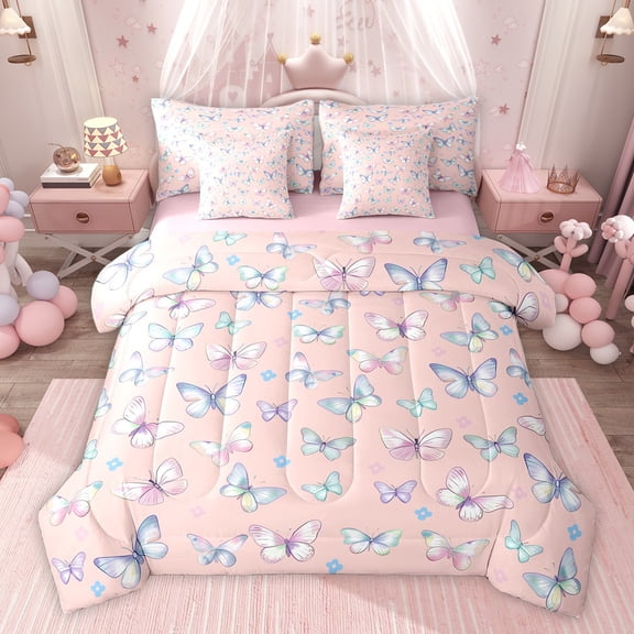 Feelyou Girly Pink Butterfly Twin Bedding Sets 7-Piece for Kids, Cherry Blossoms Floral Bedding Comforter Set, Fairy Tale Style Reversible Sheet Sets, Super Cozy Room Decor