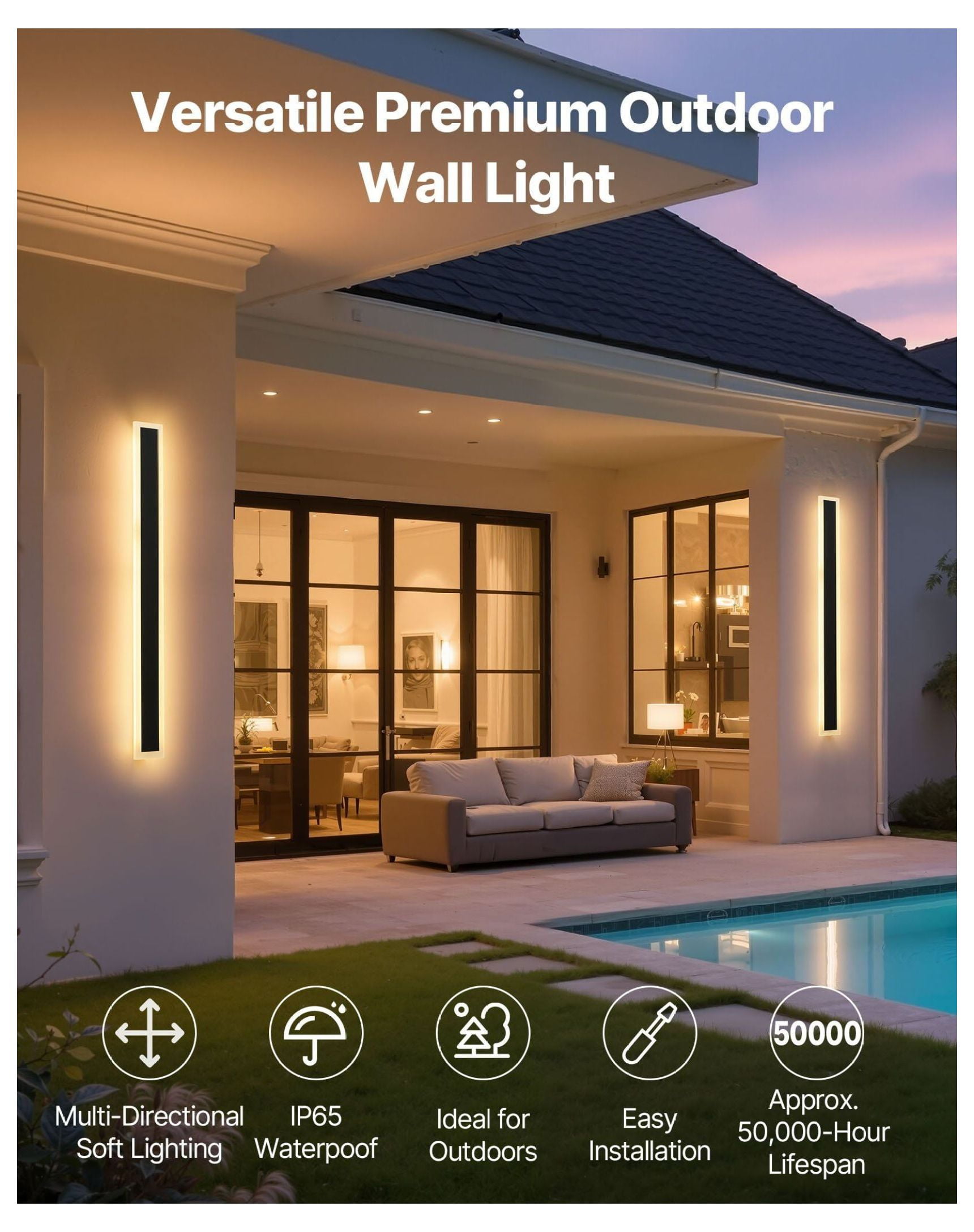 Outdoor Wall Lights 2 Pack, 31.5" Modern Exterior Sconce, 3000K Warm White, IP65 Waterproof Wall Mount for House Porch Garage